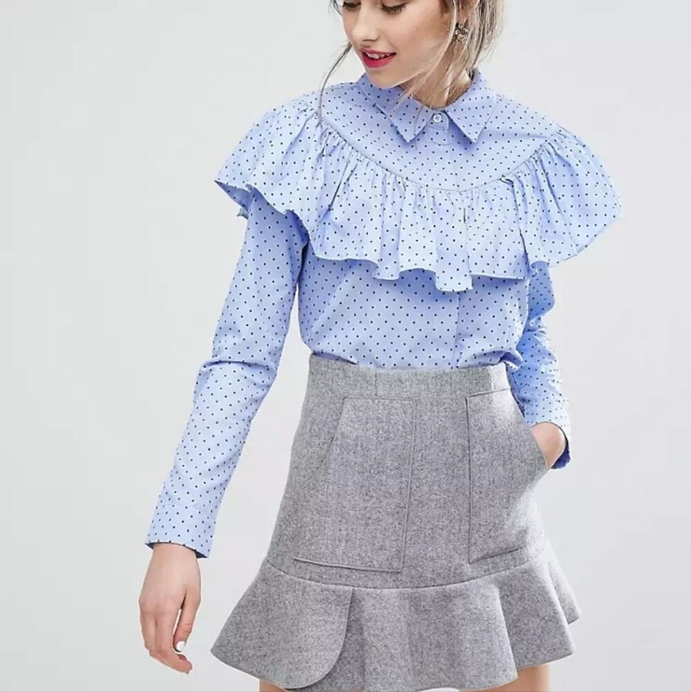 Asos  E.F.LA blue polka dot ruffle long sleeve  blouse Asos Size small